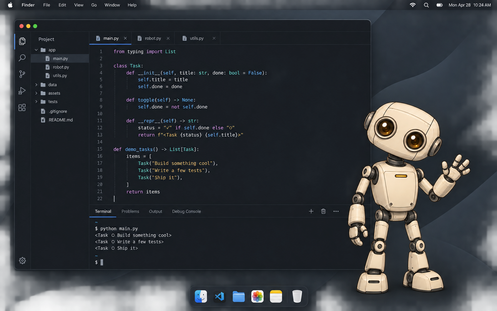 Desktop mockup showing the small ivory robot on the right beside a dark code editor, with the desktop visible around its silhouette.