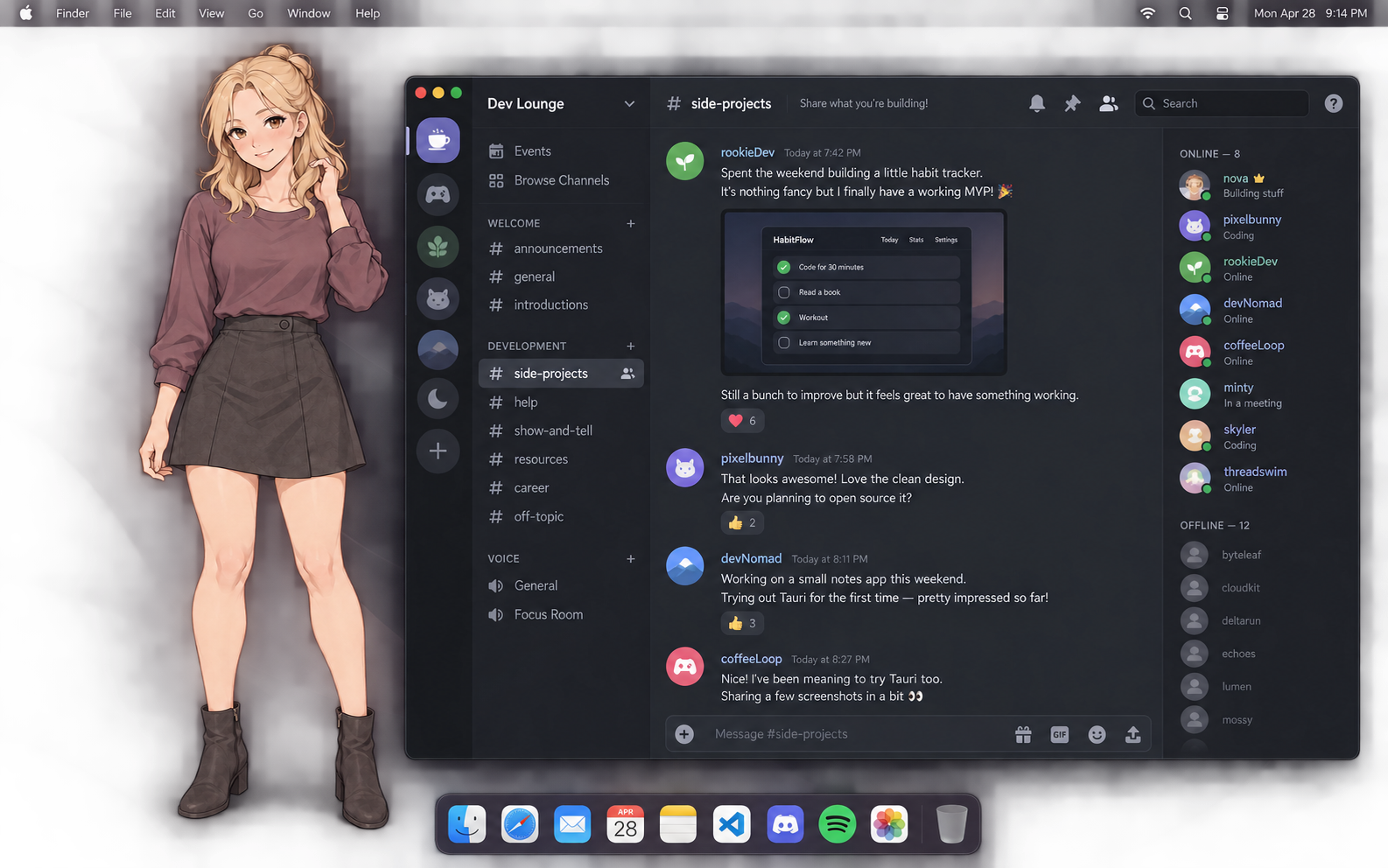 Desktop mockup showing the blonde female avatar on the left beside a Discord-style community chat window, without a rectangular background around the avatar.