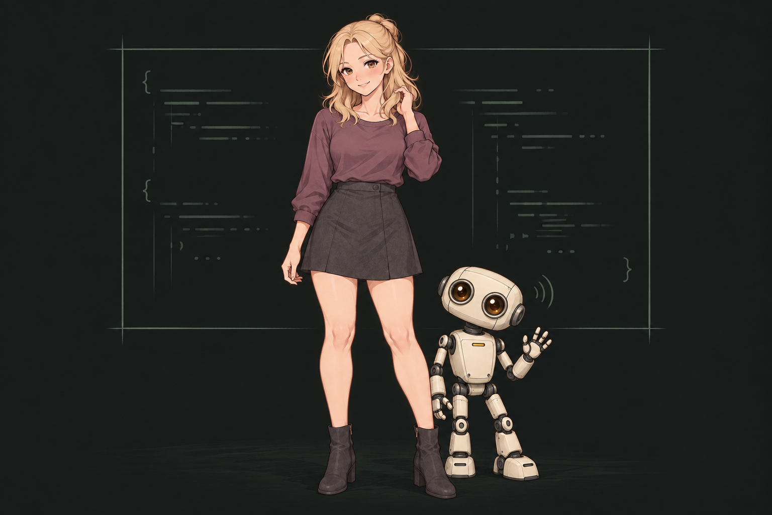 An anime-influenced blonde woman and a small ivory robot with round amber eyes stand together in front of a frame of abstract code.